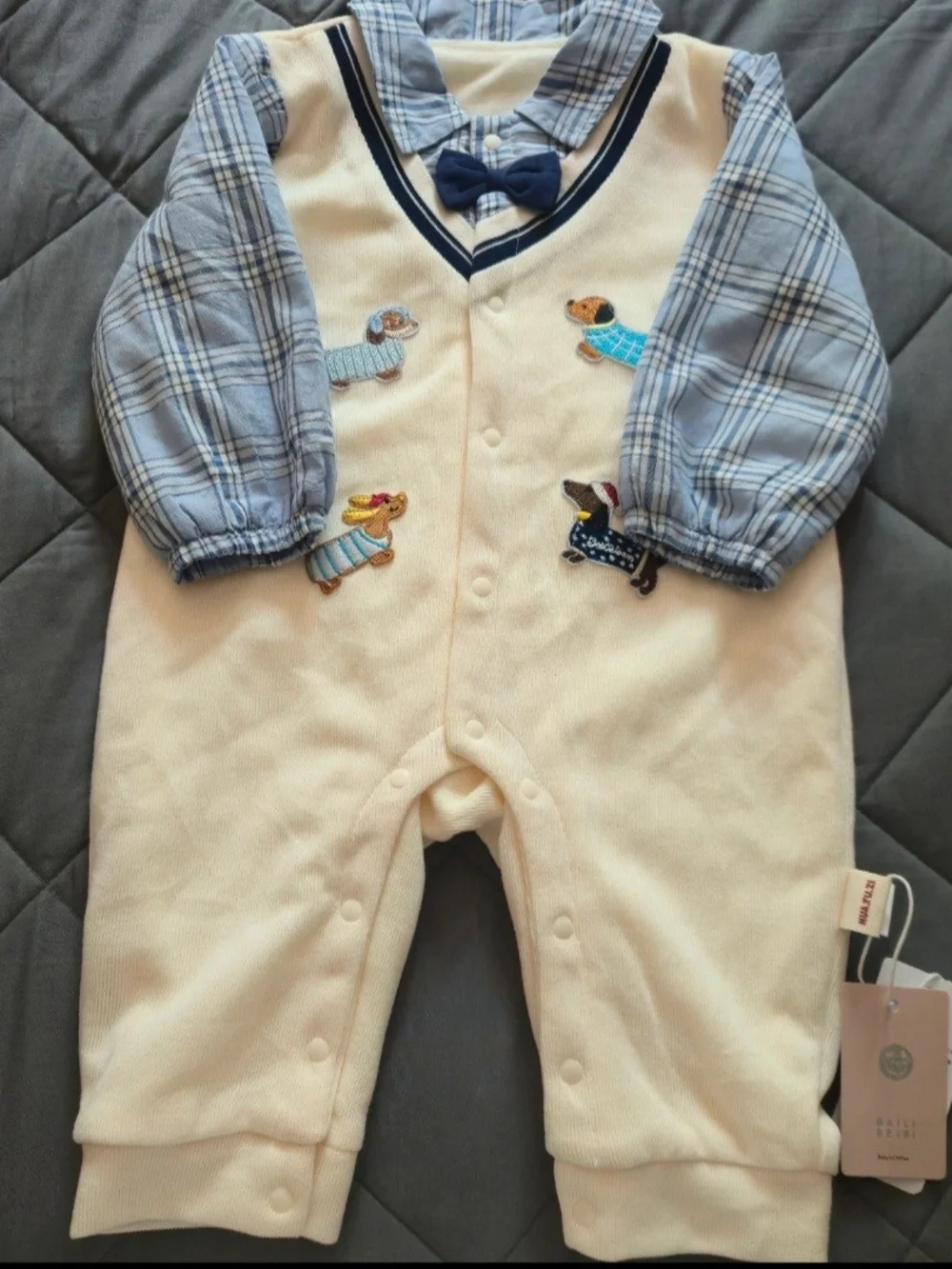 Cream & Blue Puppy Appliqué Footed One-Piece with Bow